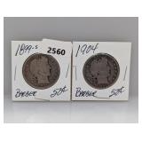 1899-S & 1904 90% Silv Barber Half $1 Dollars