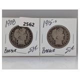 1908 & 1915-S 90% Silv Barber Half $1 Dollars