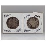 1906-O & 1909 90% Silv Barber Half $1 Dollars