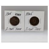 (2) 1865 Two Cent Pieces