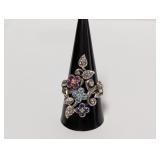 18K/.925 Sterl Floral Motif Gemstone Ring Sz 10