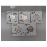 (5) 90% Silv Mixed Date Walking Liberty Quarters