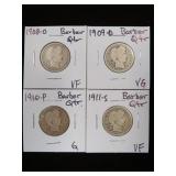 1908 O, 09 D, 10 P, 11 S BARBER QUARTER 90%