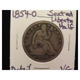 1854 O SEATED LIBERTY HALF $ 90% VG DETAILS