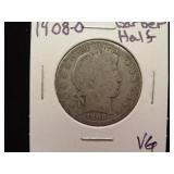 1908 O BARBER HALF DOLLAR 90% VG