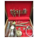 MENS JEWELRY BOX W/ASSORTED WATCHES/KNIVES,MISC