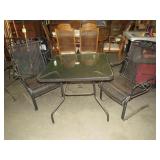 SMALL GLASS TOP PATIO TABLE W/2 METAL CHAIRS