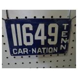 PORCELAIN TENNESSEE CAR-NATION LICENSE PLATE