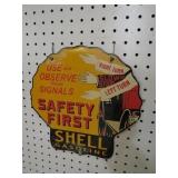 PORCELAIN SHELL GASOLINE SAFETY FIRST ADV. SIGN