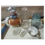 COLLECTION OF DECANTER, EMBOSSED MILK JAR, MISC