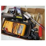 BOX OF CURCUIT TESTER, PLUMB BOBS & MISC TOOLS