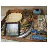 BOX OF FIGURINES, POTTERY, SERVING TRAY & MISC