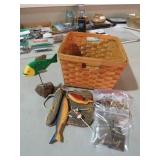 WOOD BASKET W/COSTUME JEWELRY & NAUTICAL ITEMS