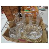 BOX OF CRYSTAL BOWL, PITCHER, CANDLE HOLDER & MISC