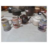 (3) BEER STEINS & 2 TEAPOTS