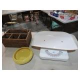 BABY SCALE, POTTERY BOWL, WICKER BASKET