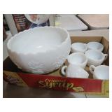 WESTMORELAND WHITE MILK GLASS PUNCH BOWL & CUPS