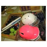2 BOXES CHILDS BATS, BALLS, GLOVES, HELMETS,MISC