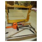 COLLECTION OF HAND TOOLS, SAWS, RIFLE RACK, MISC