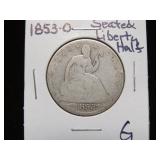 1853 O SEATED LIBERTY HALF DOLLAR 90% G