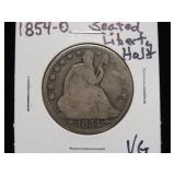 1854 O SEATED LIBERTY HALF DOLLAR 90% VG
