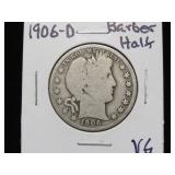 1906 D BARBER HALF DOLLAR 90% VG