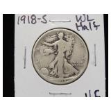 1918 S WALKING LIBERTY HALF DOLLAR 90% VG