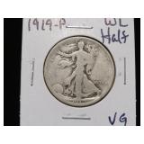 1919 P WALKING LIBERTY HALF DOLLAR 90% VG