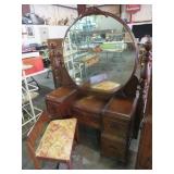 INLAID WATERFALL VANITY DRESSER W/ MIRROR & STOOL