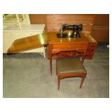 SINGER SEWING MACHINE W/CHERRY CABINET & STOOL