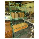 GREEN METAL BAKERS RACK W/2 DRAWER WICKER BASKET