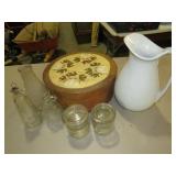 IRON STONE PITCHER, JUGS, JARS AND WOOD CHEESE BOX