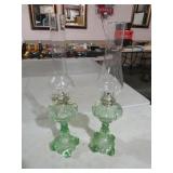 (2) GREEN VASELINE OIL LAMPS W/STACKS