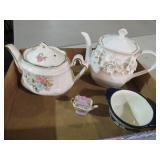 BOX OF HAND PAINTED TEA POTS AND BOWLS