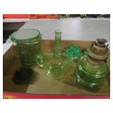 BOX OF GREEN VASELINE GLASSWARE AND MISC.
