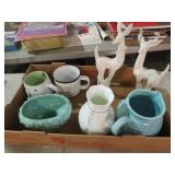 BOX OF PITCHERS, MUGS, DEER STATUE, MISC.