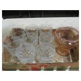 BOX OF CLEAR JUICE GLASSES  & PINK DEPRESSION BOWL