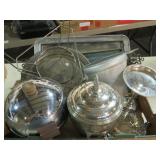 BOX OF SILVER PLATED SERVING TRAYS, STRAINER