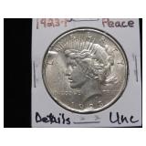 1923 P PEACE SILVER DOLLAR (DETAILS) 90% UNC