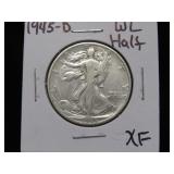 1945 D WALKING LIBERTY HALF DOLLAR 90% XF