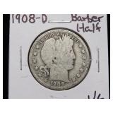 1908 D BARBER HALF DOLLAR 90% VG