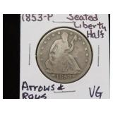 1853 P SEATED LIBERTY HALF $ (ARROWS& RAYS) 90% VG