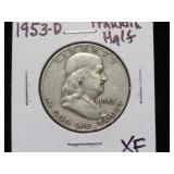 1953 D FRANKLIN HALF DOLLARS 90% XF