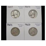 1957 P, 57 D, 60 D, 62 D WASHINGTON QTR. 90%