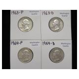 1963 P, 63 D, 64 P, 64 D WASHINGTON QTR. 90%