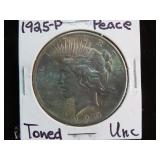 1925 P PEACE SILVER DOLLAR (TONED) 90% UNC