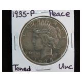 1935 P PEACE SILVER DOLLAR (TONED) 90% UNC