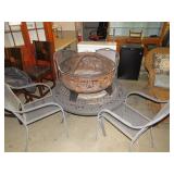 METAL OUTDOOR FIRE PIT, TABLE & CHAIRS