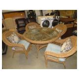 NICE WICKER GLASS TOP TABLE & 4 CHAIRS W/CUSHIONS