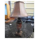 MARBLE BASE GLASS CTR TABLE LAMP W/LEATHER SHADE